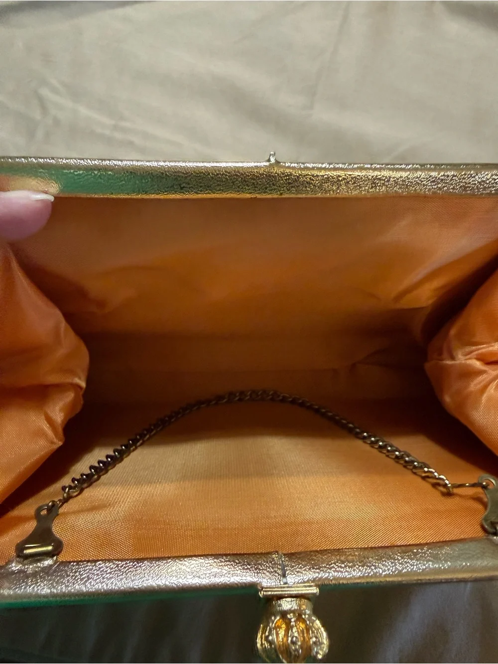 Vintage Gold Metallic Frame Clutch Handbag with Chain